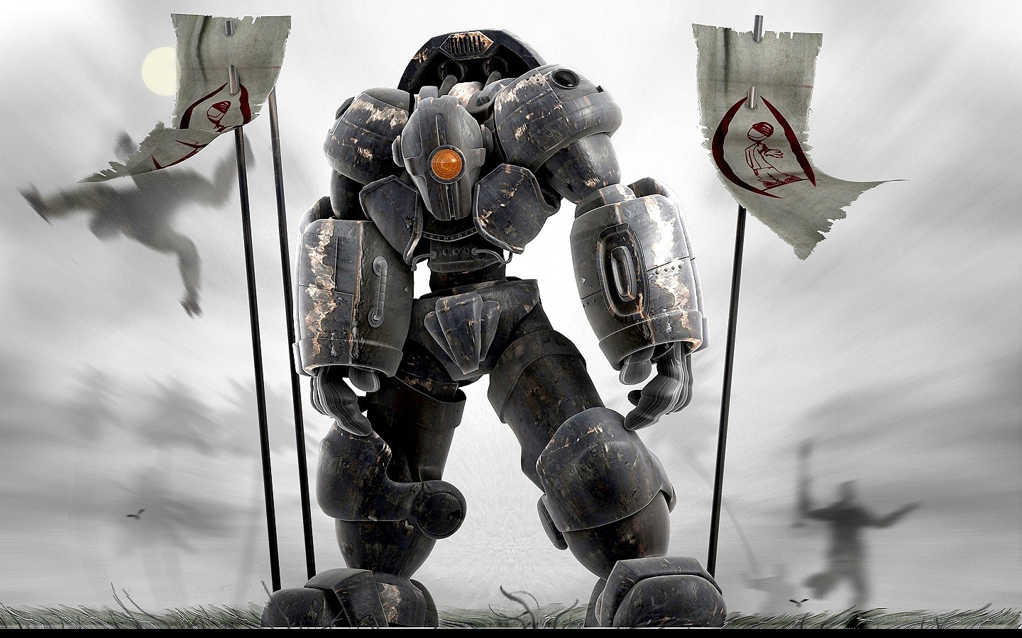 battle-worn mech robot