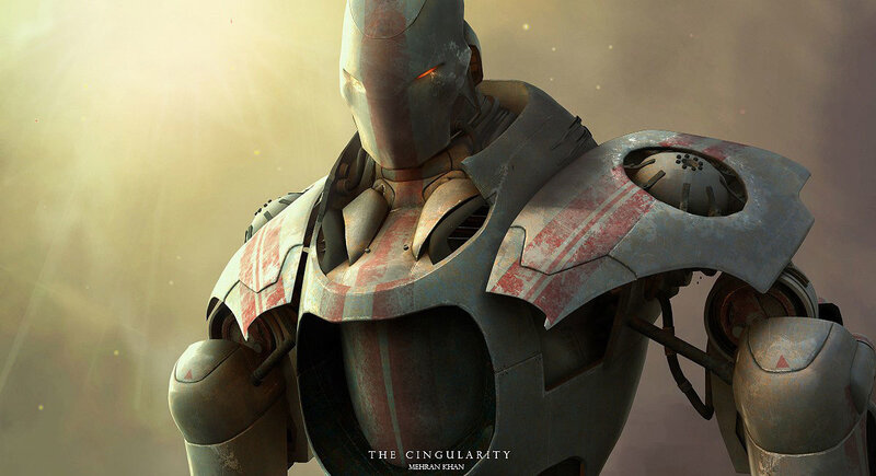 battle-worn robot armor