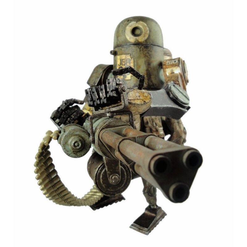 battle-worn robot with machine gun