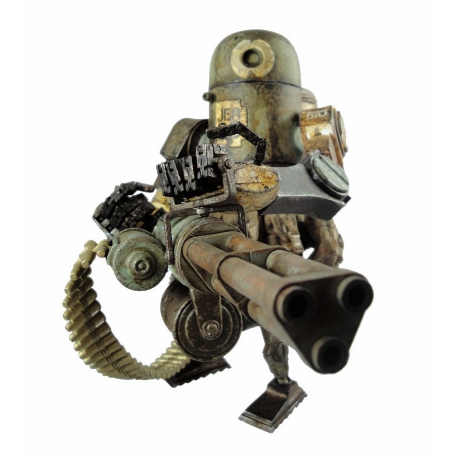 battle-worn robot with machine gun