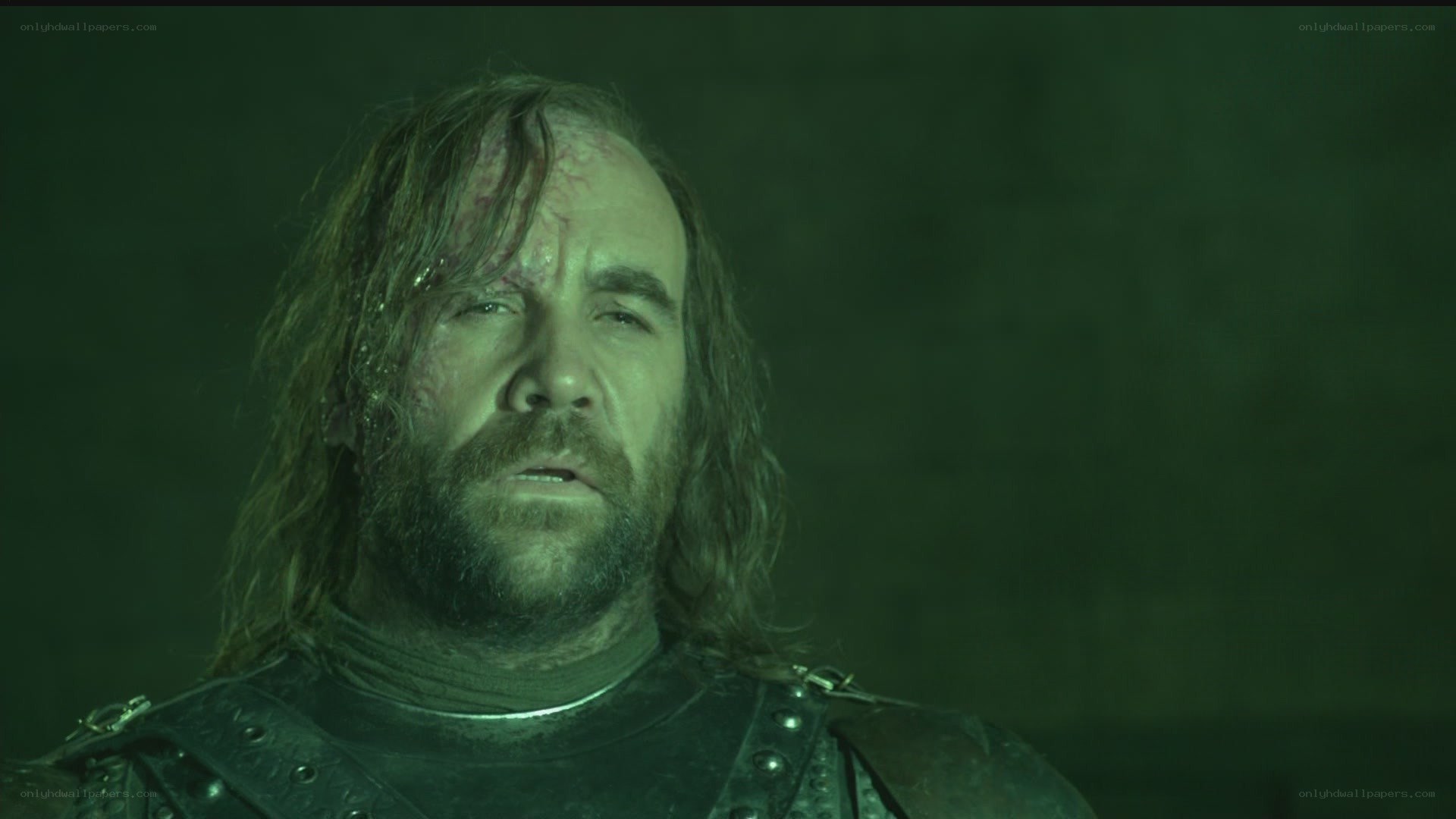 battle-worn warrior in green light