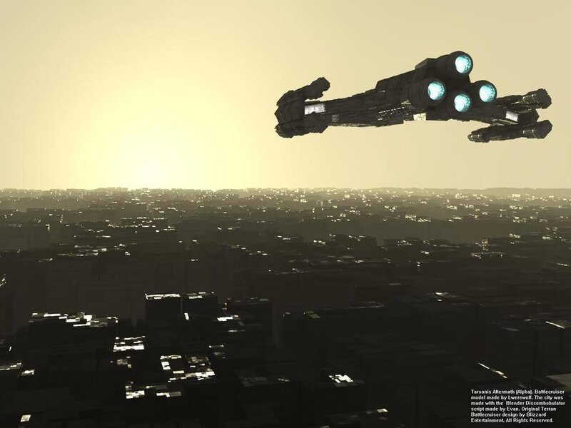 Battlecruiser over a city