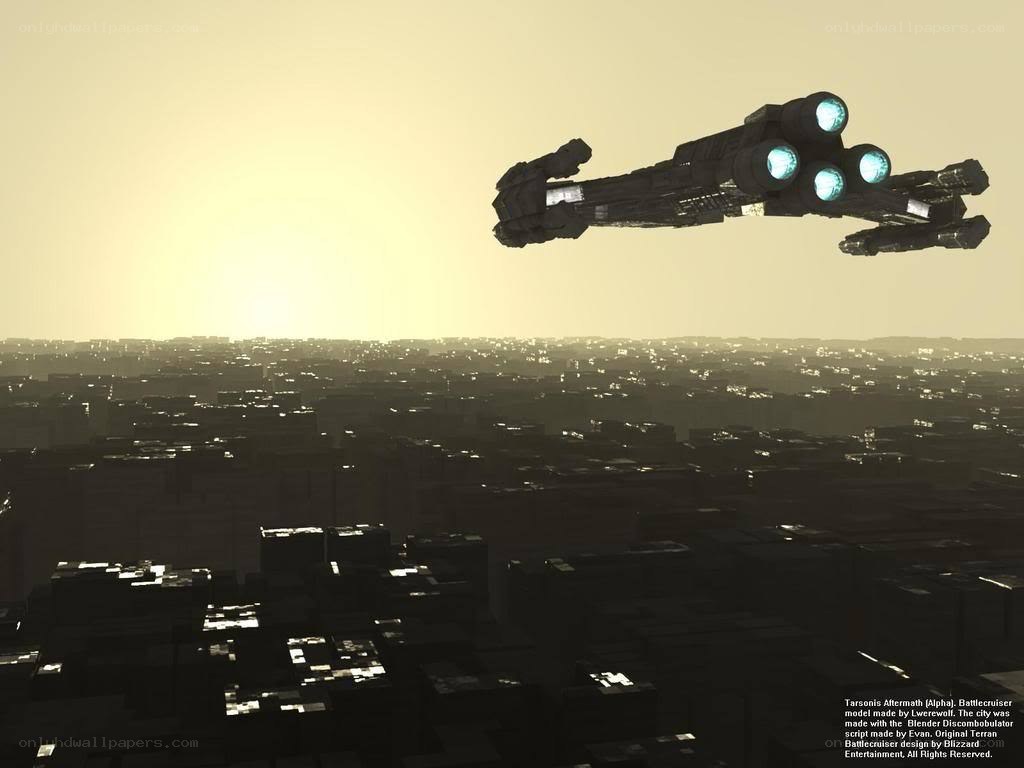 Battlecruiser over a city