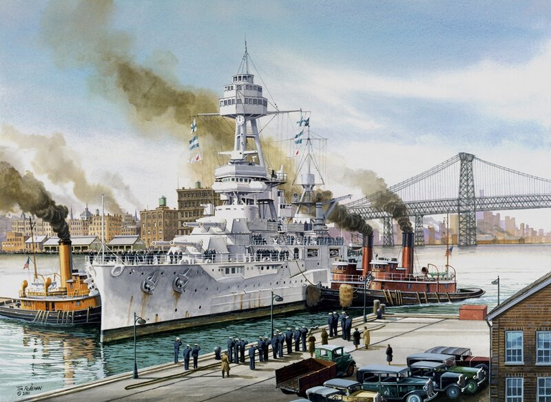Battleship at Dock — Gray, Dramatic, Afternoon, Illustration