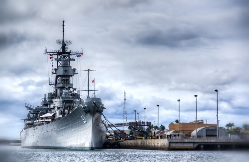Battleship at Dock — Gray, Dramatic, Afternoon