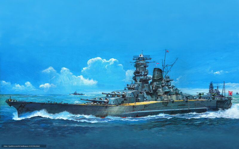Battleship at Sea — Blue, Dramatic, Afternoon, Illustration, Warship