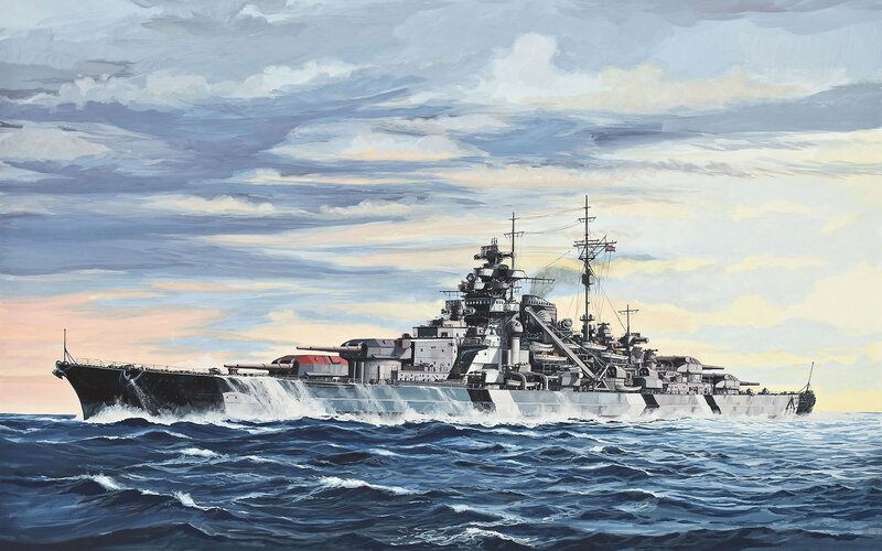 Battleship at Sea — Blue, Dramatic, Sunset, Painting, Ocean