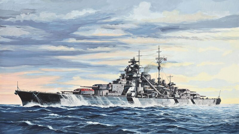 Battleship at Sea — Blue, Dramatic, Sunset, Painting