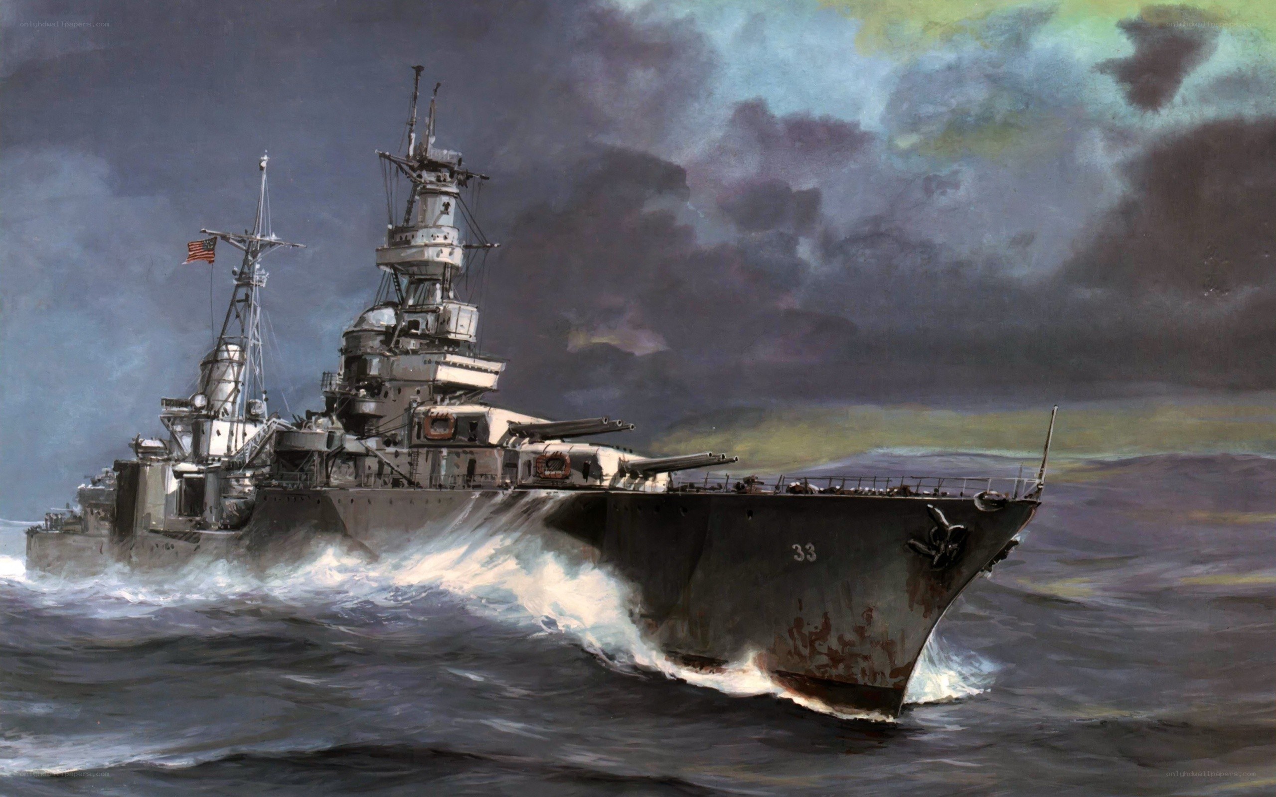 Battleship at sea in storm