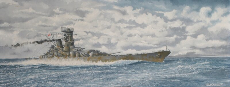 Battleship at sea in storm
