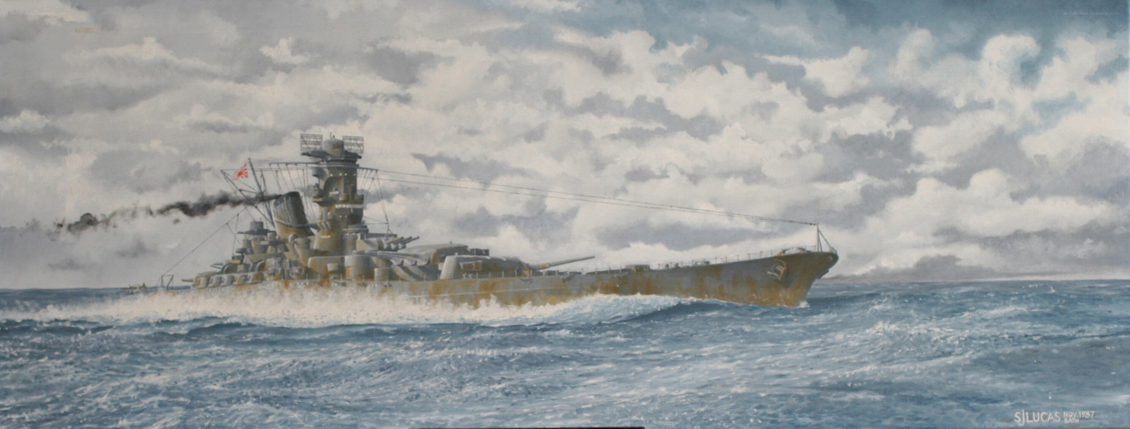 Battleship at sea in storm