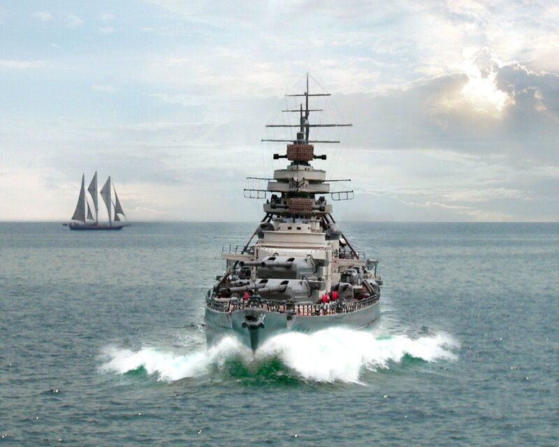Battleship at sea with sailboat