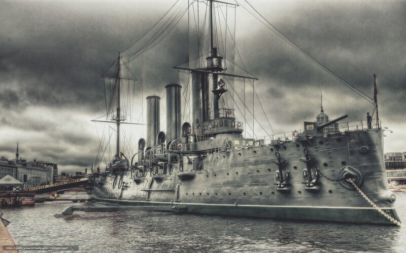 Battleship in a cloudy harbor