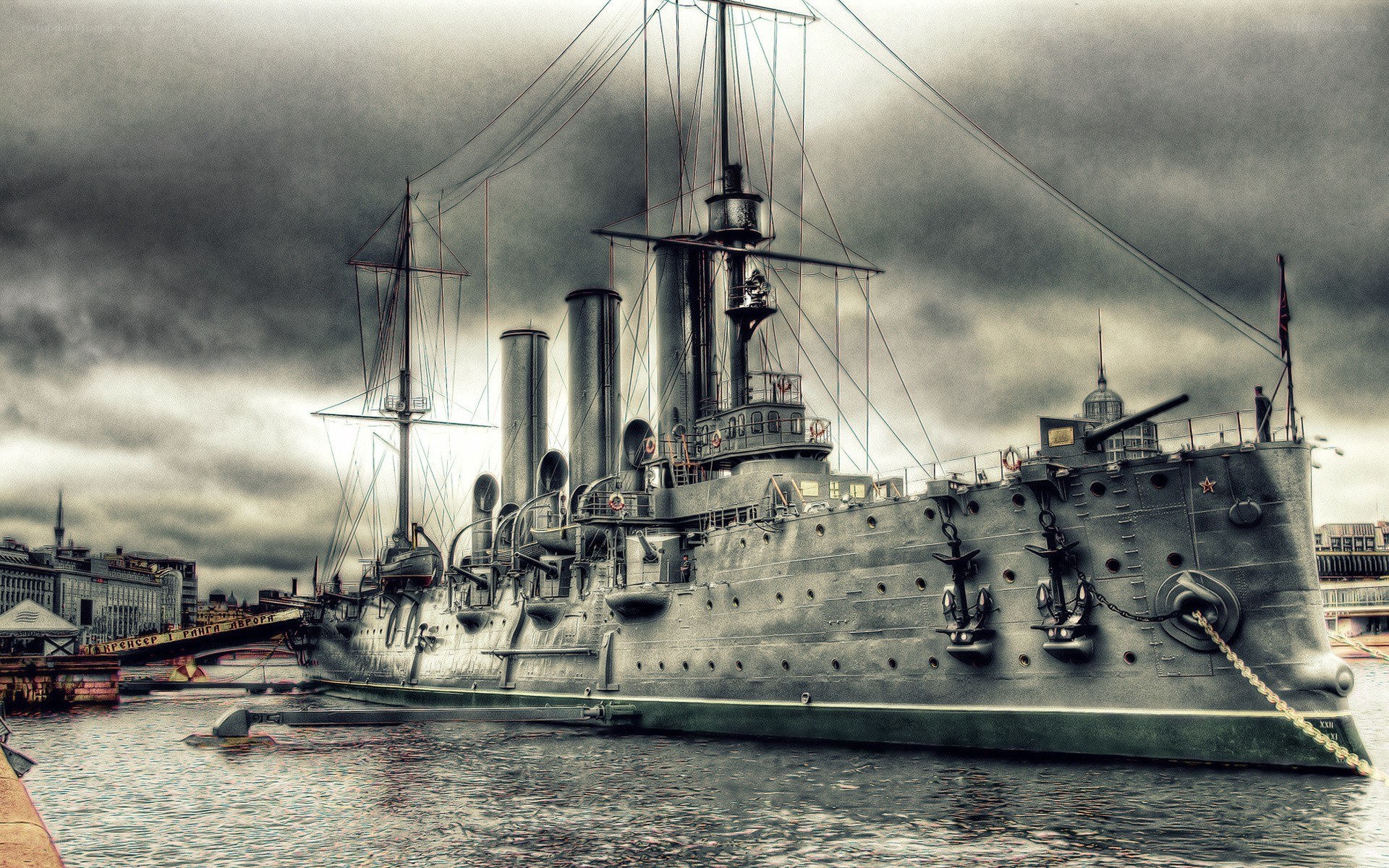 Battleship in a harbor