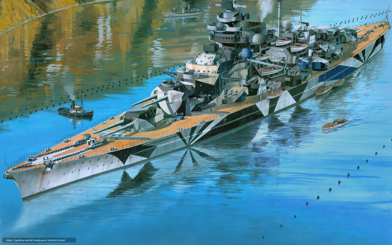 Battleship in a harbor