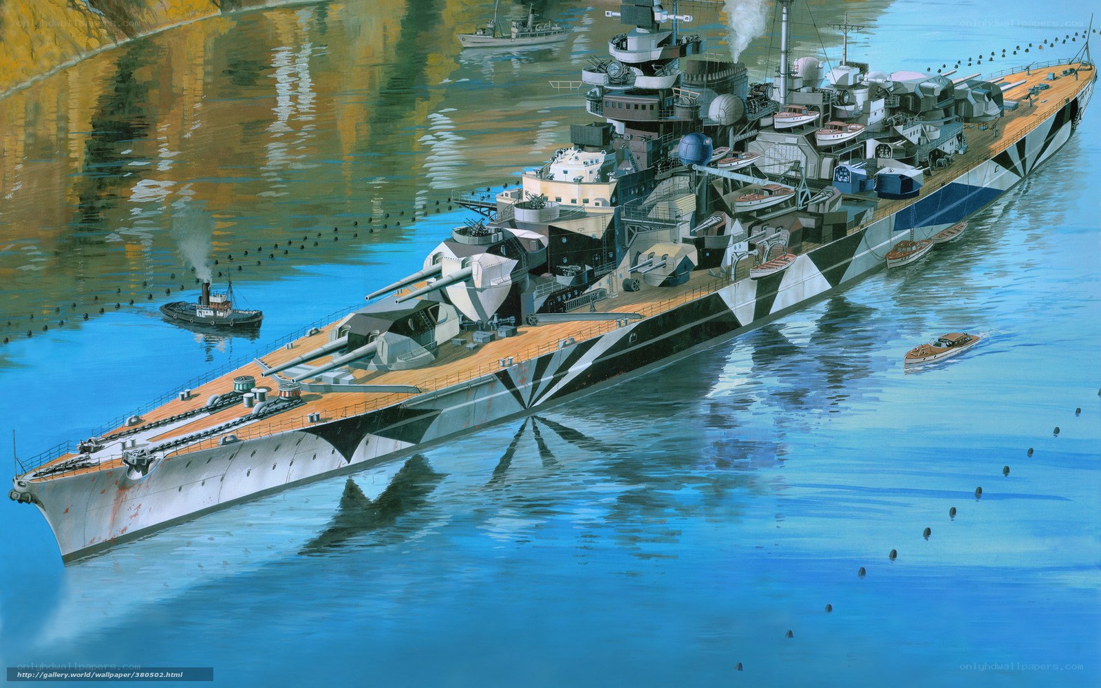 Battleship in a harbor