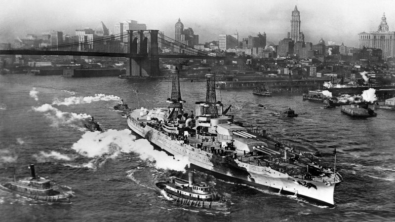 Battleship in Harbor — Black, Dramatic, Afternoon