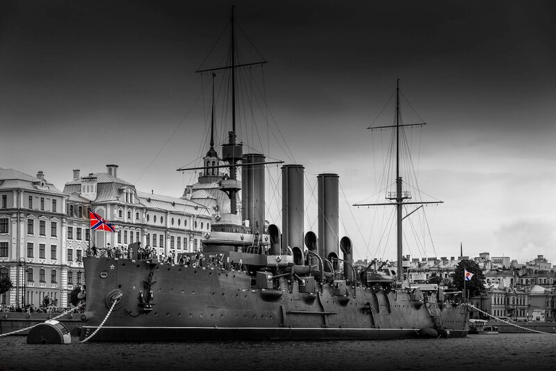 Battleship in Harbor — Black, Dramatic, Photograph, Flag