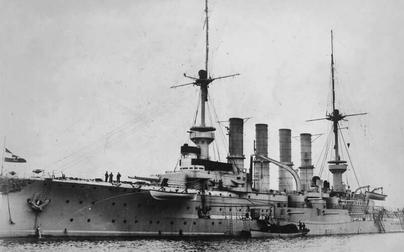 Battleship in Harbor — Black, Historical, Photograph