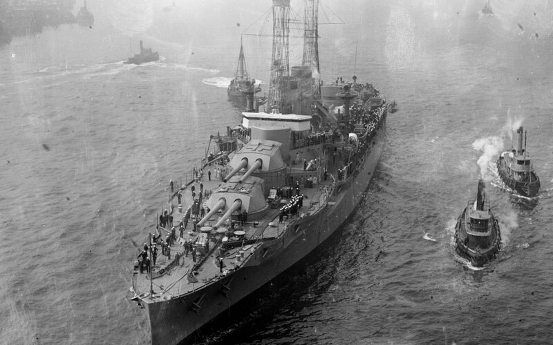 Battleship in Harbor — Black, Historical, Photograph, Tugboats