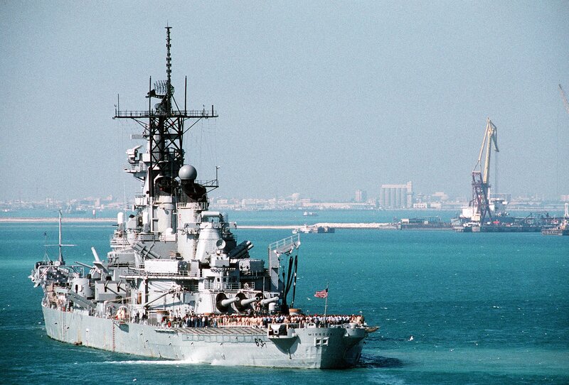 Battleship in Harbor — Blue, Calm