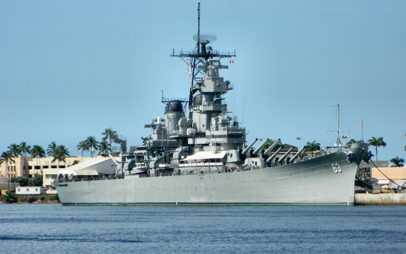 Battleship in Harbor — Gray, Calm, Afternoon