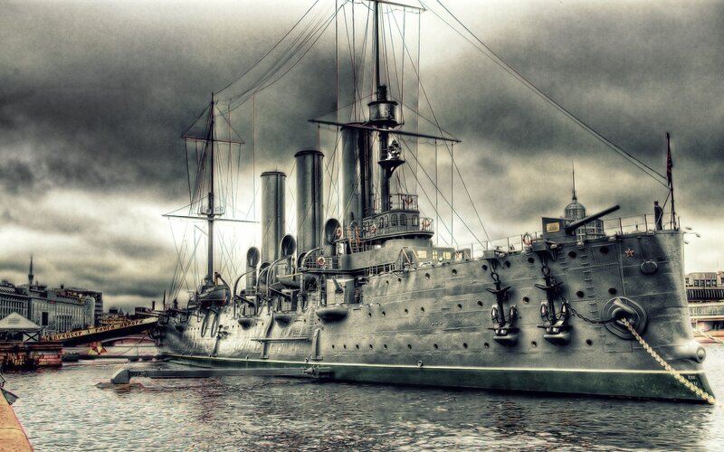 Battleship in Harbor — Gray, Dramatic, Photograph, Ship, City