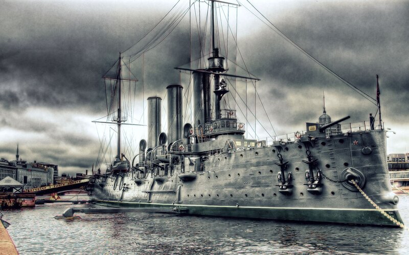 Battleship in Harbor — Gray, Dramatic, Photograph