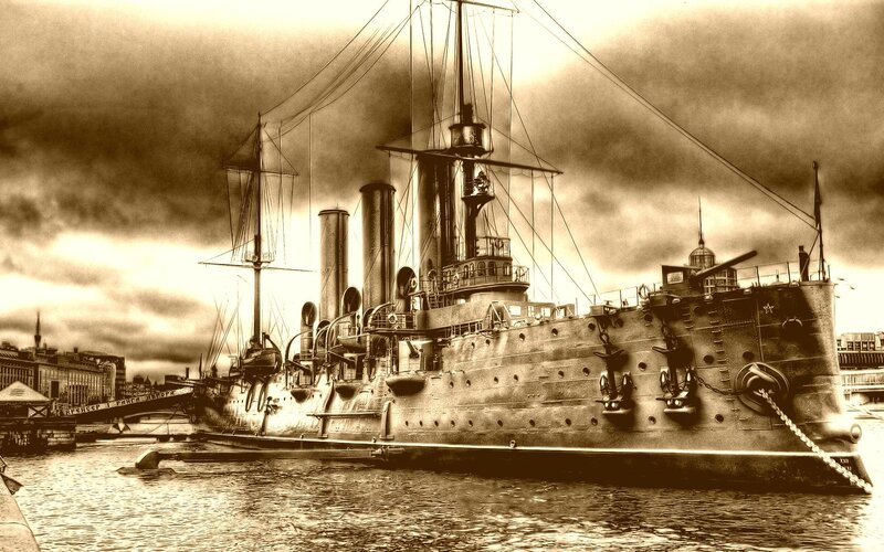 Battleship in Harbor — Sepia