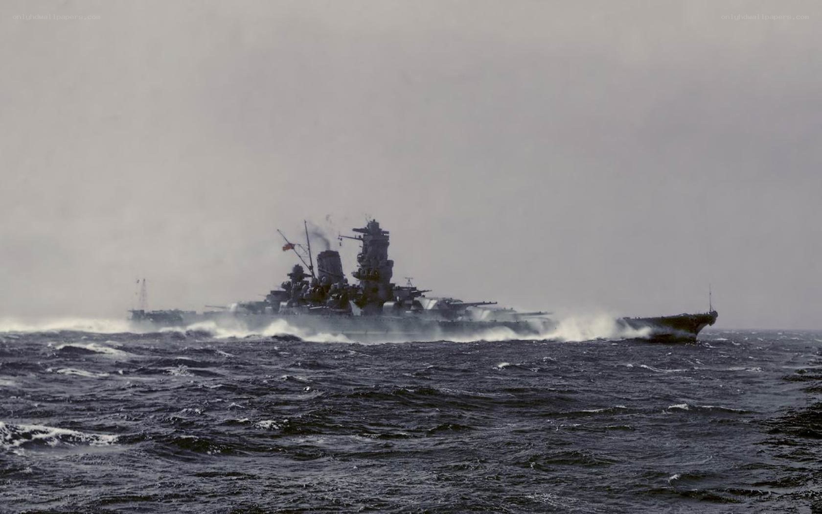 Battleship in rough seas