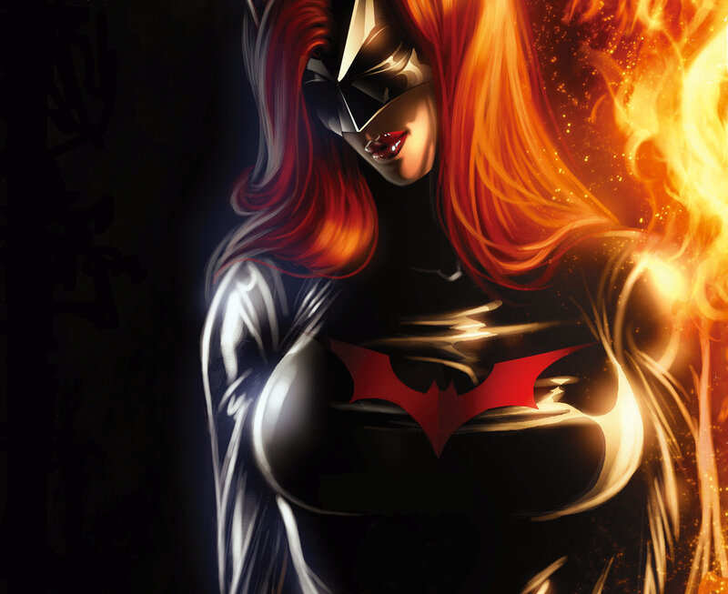 Batwoman in fiery light