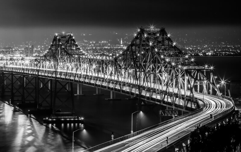 Bay Bridge at Night — Black, Dramatic, Photograph, City Lights