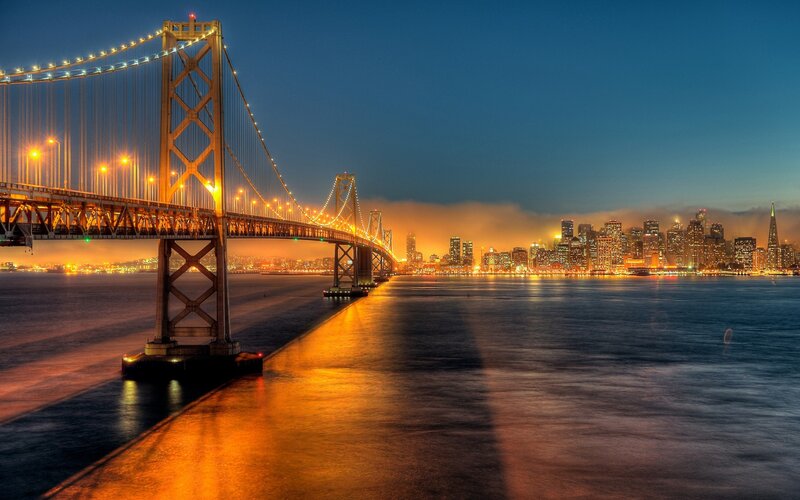 Bay Bridge at Night — Blue, Dramatic, Photograph
