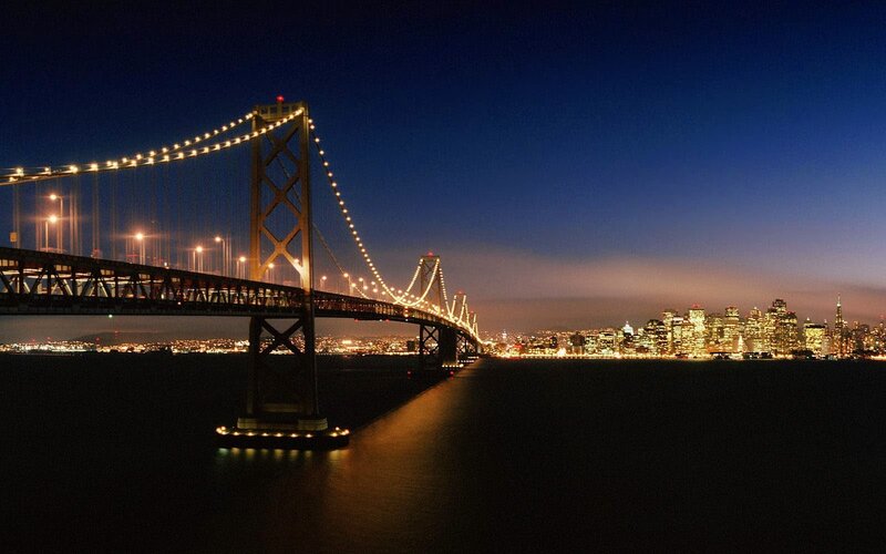 Bay Bridge at Night — Blue, Serene, Photograph, City Skyline