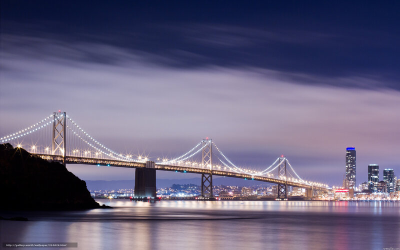 Bay Bridge at Night — Blue, Serene, Photograph, City Skyline, Water