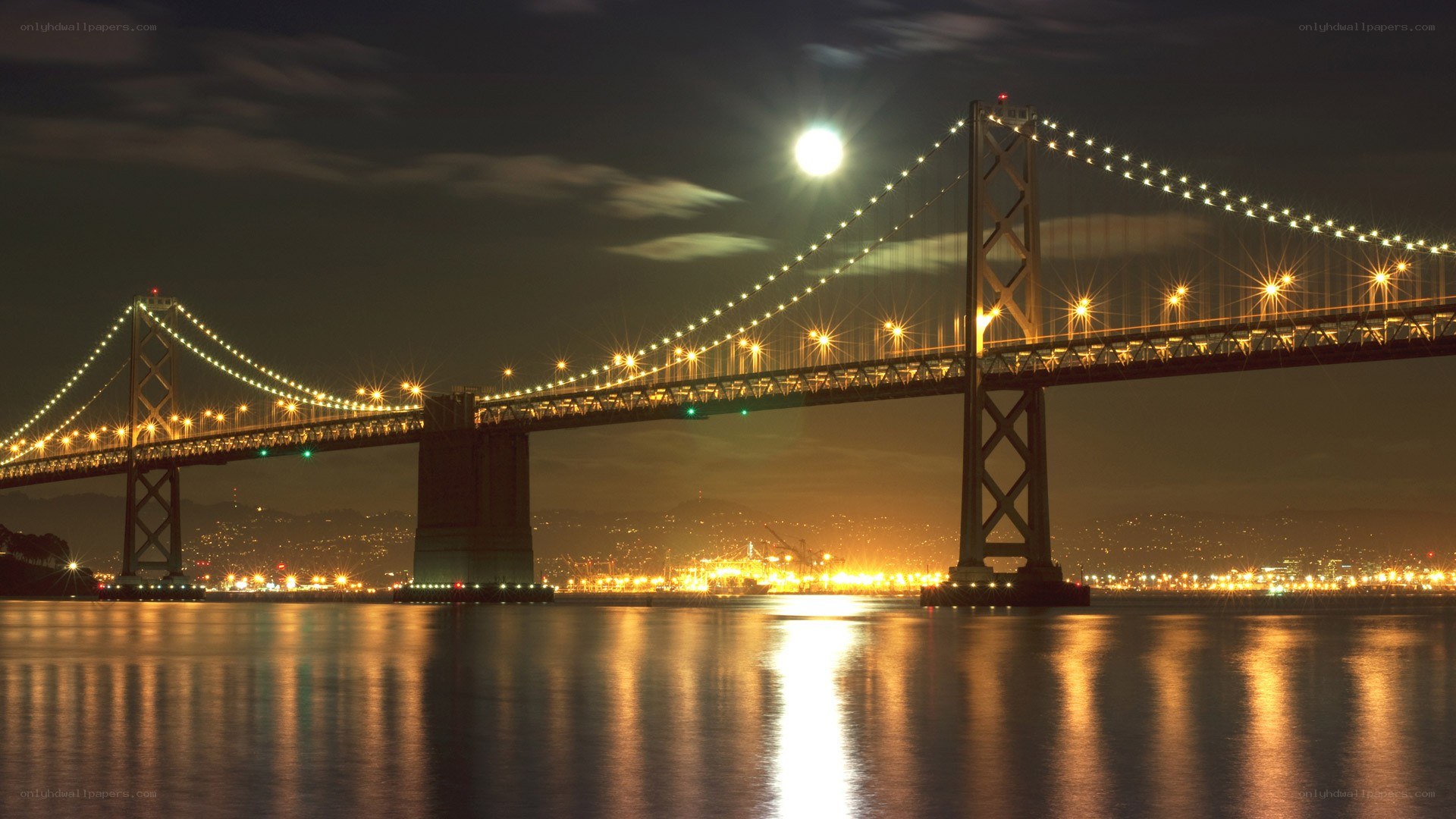 Bay Bridge at night with moon