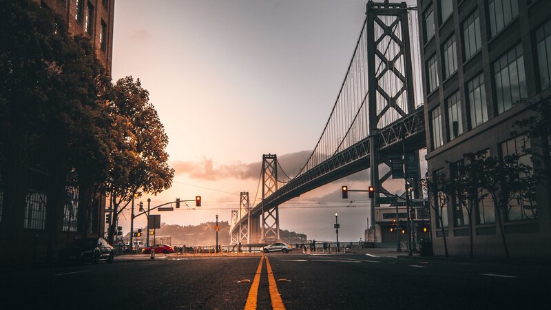 Bay Bridge at Sunset — Orange, Serene