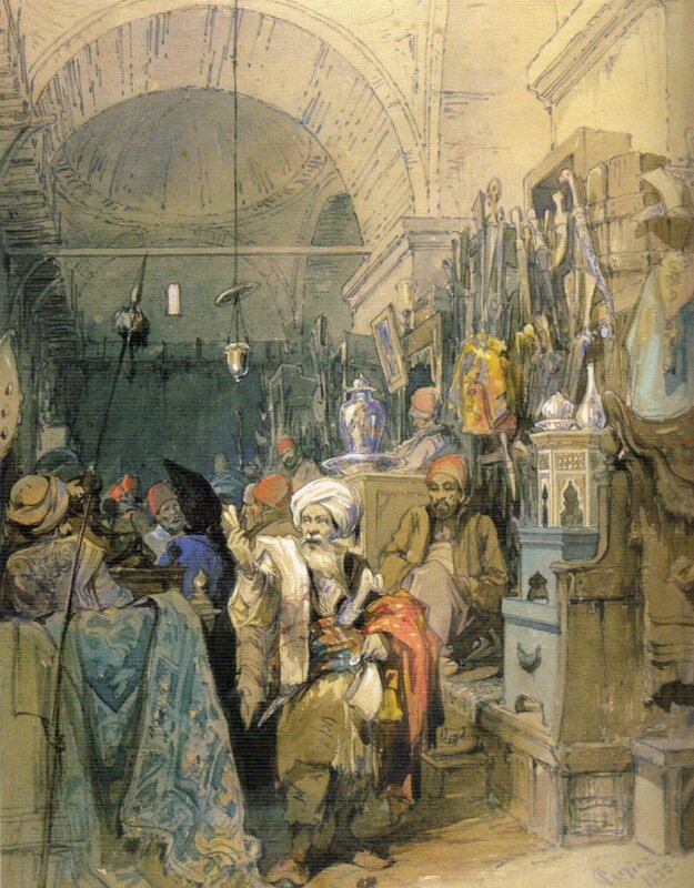 Bazaar scene with merchants