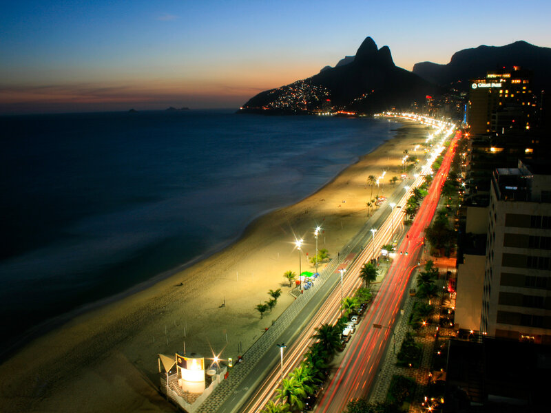 Beach at Dusk — Blue, Serene, Night, Photograph, Mountains, City Lights