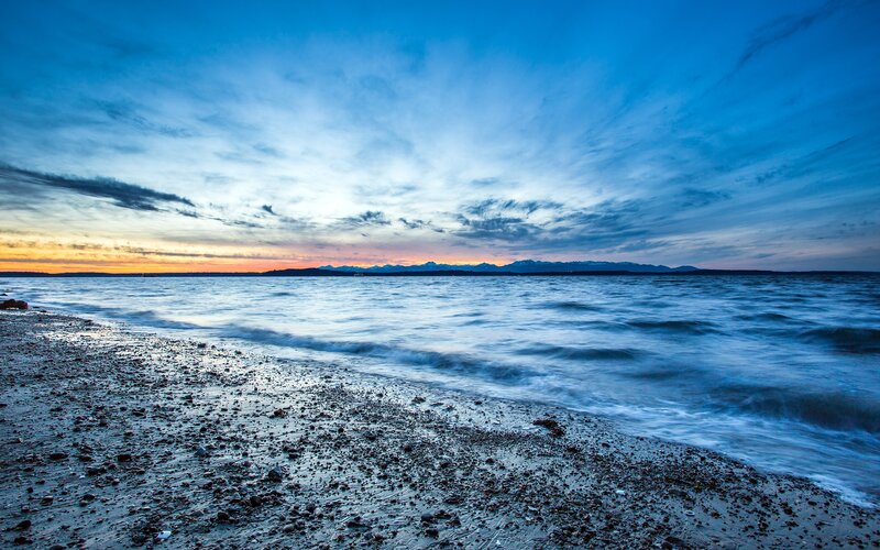 Beach at Dusk — Blue, Serene, Sunset, Photograph, Ocean