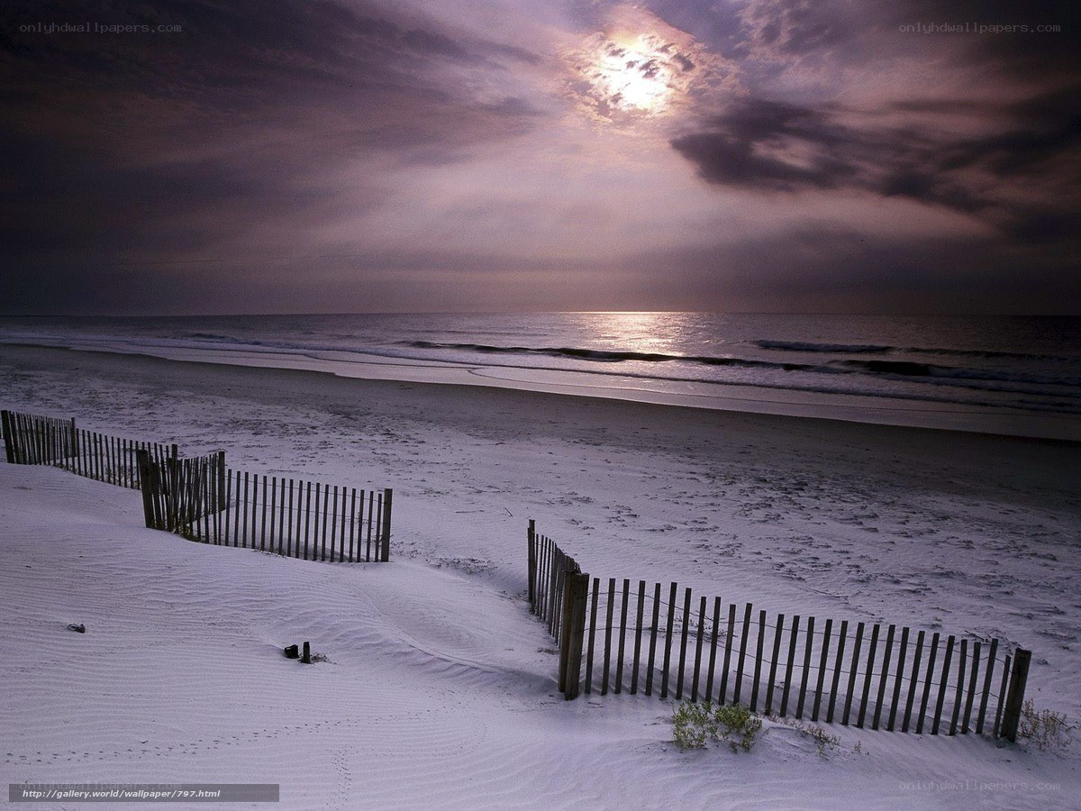 Beach at dusk with wooden fence