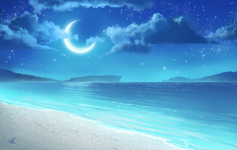 Beach at Night — Blue, Serene, Digital Art