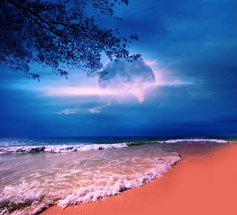 Beach at Night with Large Moon