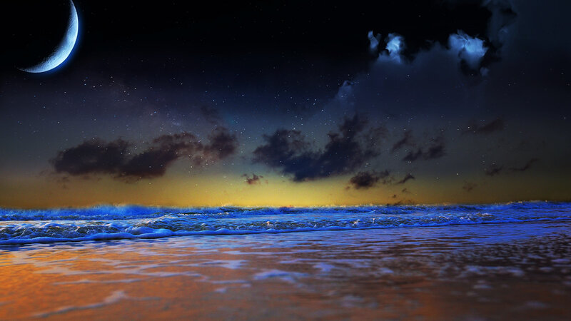 Beach at Night with Moon — Blue, Serene