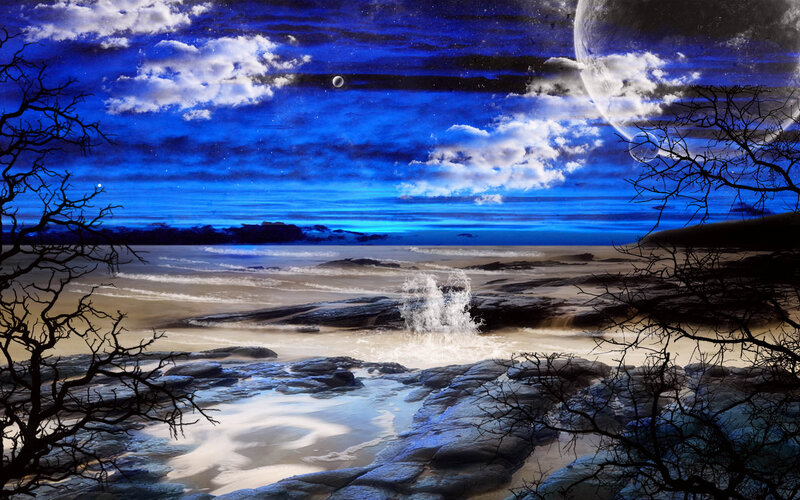 Beach at Night with Moon — Blue