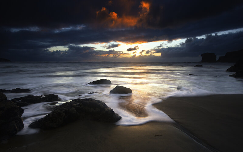 Beach at Sunset — Black, Dramatic, Photograph, Rocks