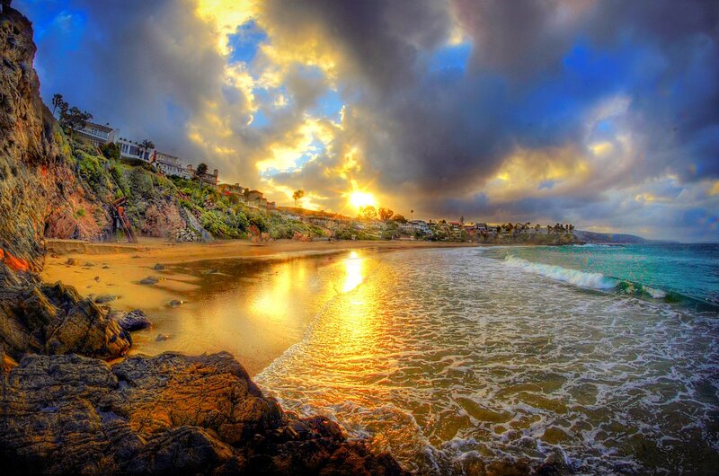 Beach at Sunset — Blue, Dramatic, Photograph, Cliffs, Houses, Ocean