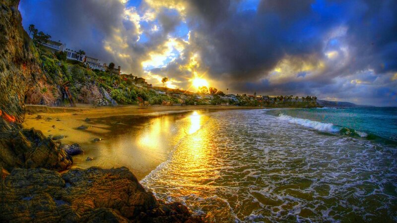 Beach at Sunset — Blue, Dramatic, Photograph, Cliffs, Houses