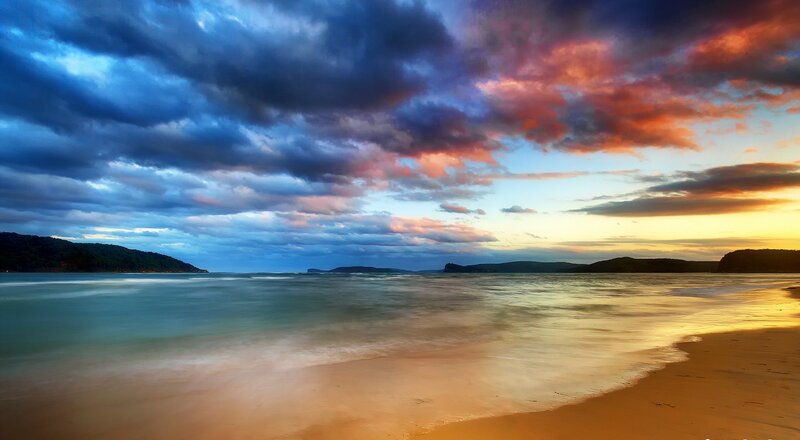 Beach at Sunset — Blue, Dramatic, Photograph, Clouds, Ocean, Hills