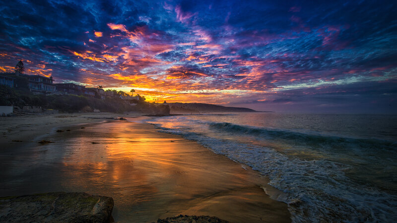 Beach at Sunset — Blue, Dramatic, Photograph, Clouds, Ocean, Houses
